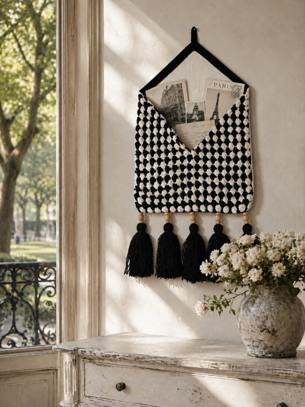 Concepts in Time Crochet Wall Pocket Boho Black Cream Tassel Wall Decor Granny